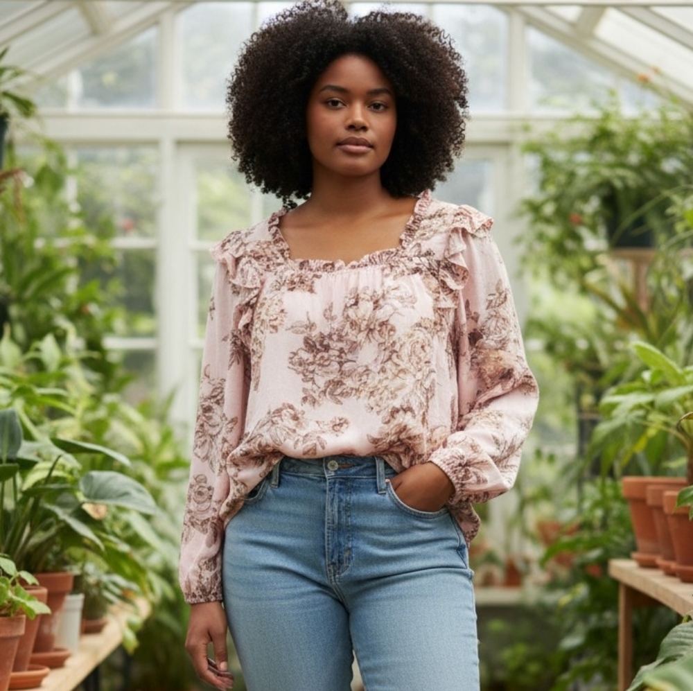 Maurices Gauzy Floral Pink Women's Top Long Sleeves Lightweight Fall Style